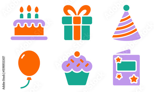 Birthday icons in flat vector style with bright colors and minimal details, including cake, gift, party hat, balloon, cupcake, and greeting card