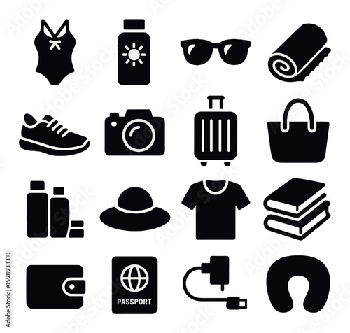 Travel silhouette icon set. featuring swimsuit, sunscreen, sunglasses, camera, luggage, passport, usb cable & more.