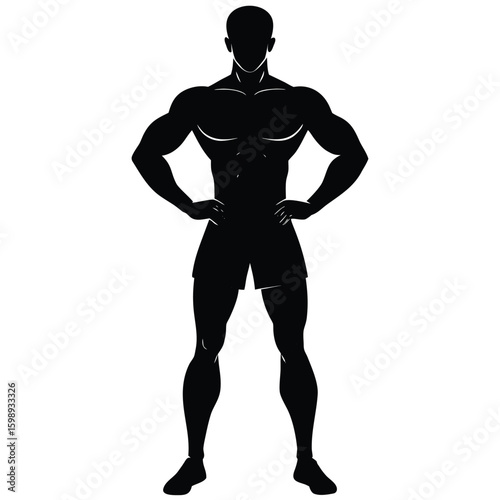 Muscular Man Silhouette Illustration, Fitness and Strength Image, Hands on Hips