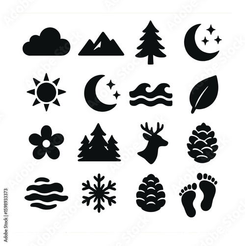 Nature silhouette icon set. includes cloud, mountain, tree, moon, sun, leaf, flower, deer, pinecone, wave.
