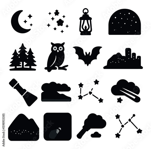 Night silhouette icon set. containing moon, stars, lantern, owl, bat, telescope, constellation, and more.