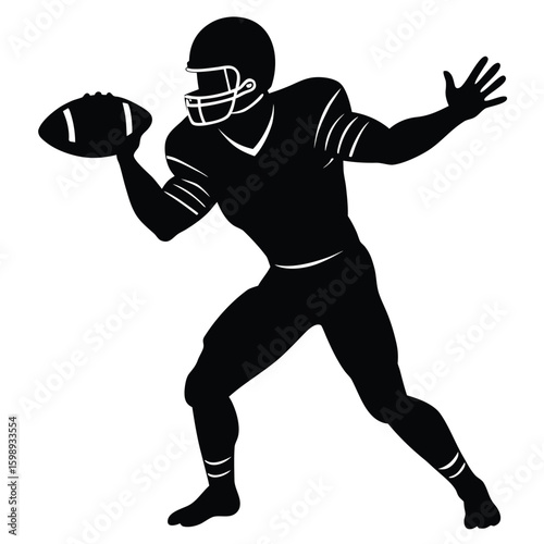 Silhouette of American Football Quarterback Throwing Ball, Wearing Helmet and Uniform, Ready for Play