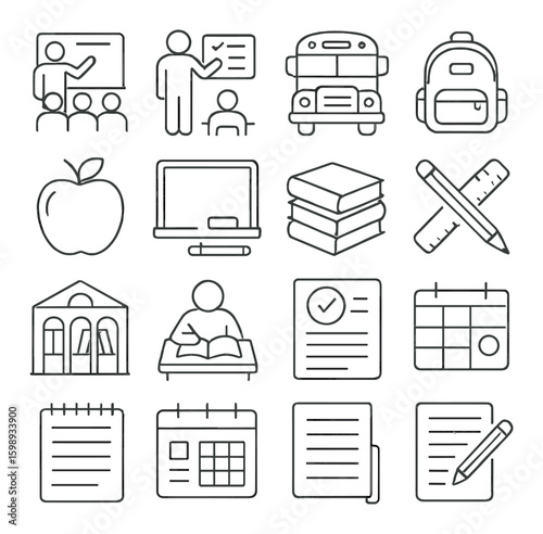 Education linear icon set. includes classroom, bus, backpack, apple, laptop, books, and more.