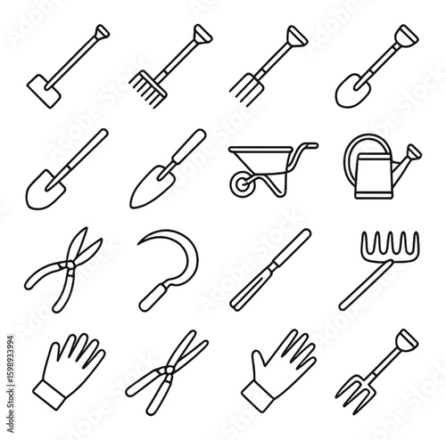 Gardening linear icons set: shovel, rake, trowel, wheelbarrow, watering can, pruners, sickle, gloves