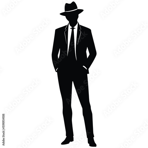 Black Silhouette Illustration of a Stylish Man Wearing a Suit and Hat