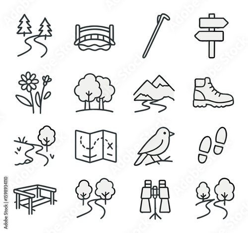 Outdoor hiking linear icon set. featuring map, trail, trees, mountains, boots, signpost, binoculars, bird.