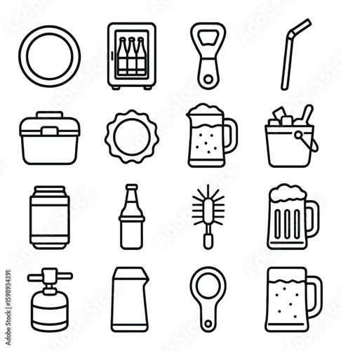 Party linear icon set. includes beer, bottle, opener, ice bucket, mug, soda, straw, and more.