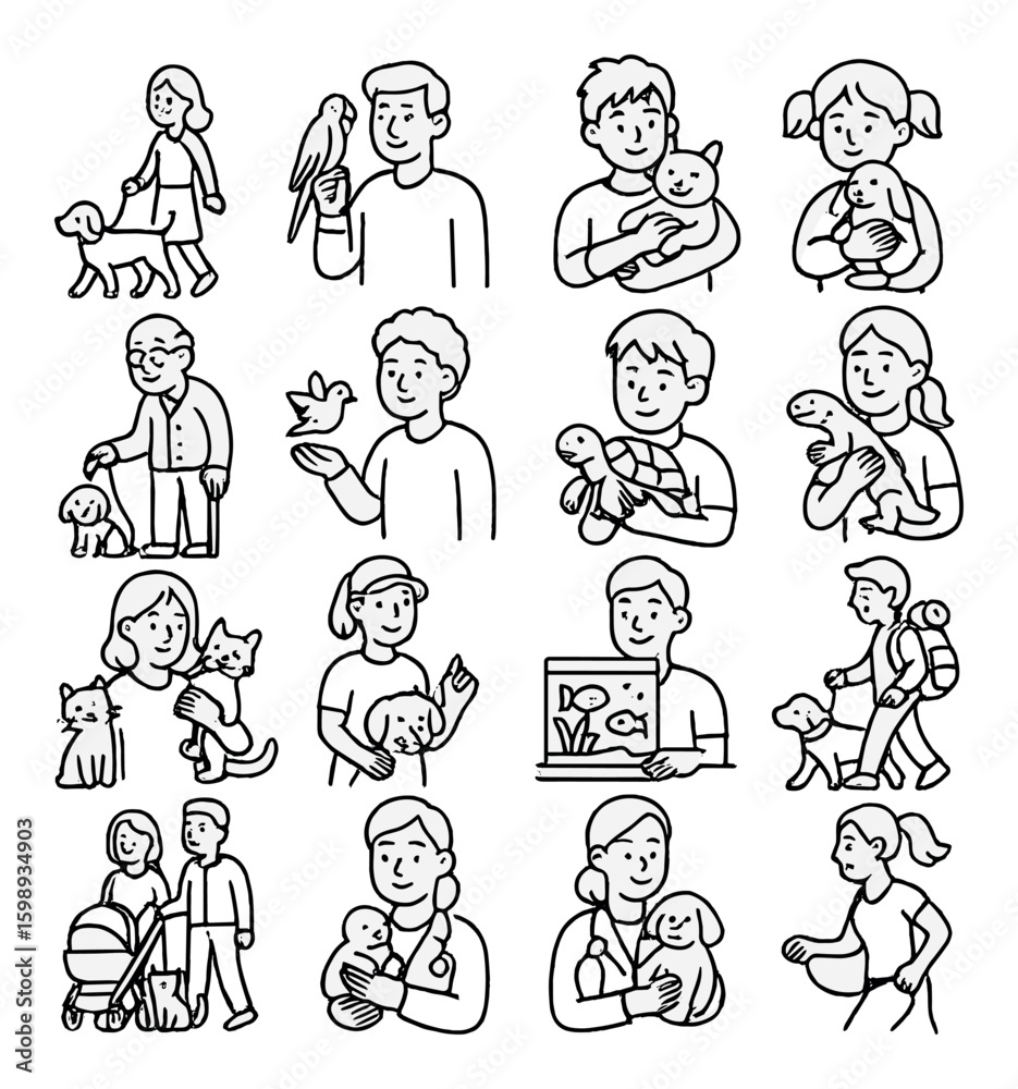 Animal interaction linear icon set. featuring walking, bird, baby holding, hugging, turtle, and more. Animal interaction linear icon set. featuring walking, bird, baby holding, hugging, turtle, and more.