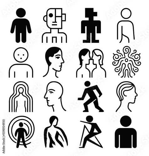 Silhouette icon set. featuring human figures, faces, portraits, profiles, and abstract designs.