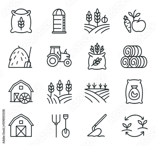 Farming linear icon set. containing barn, tractor, wheat, silo, hay, crops, tools, harvest and more.