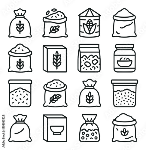 Silhouette icon set: grains, rice, wheat, corn, bags, jars, sacks, storage, and more