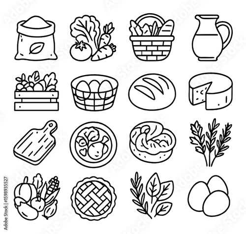 Food linear icon set. containing basket, cheese, bread, vegetables, eggs, pie, pitcher, cutting board.