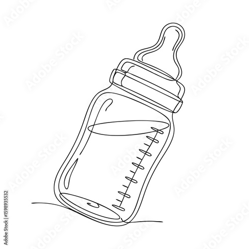 Baby bottle with nipple and liquid, baby care and feeding concept. Continuous line art, minimalist style. Vector illustration for greeting card, banner, poster
