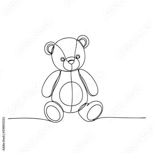 Single line drawing of a teddy bear toy. Simple sketch for child, love, childhood concept. Vector illustration for greeting card, valentine, birthday