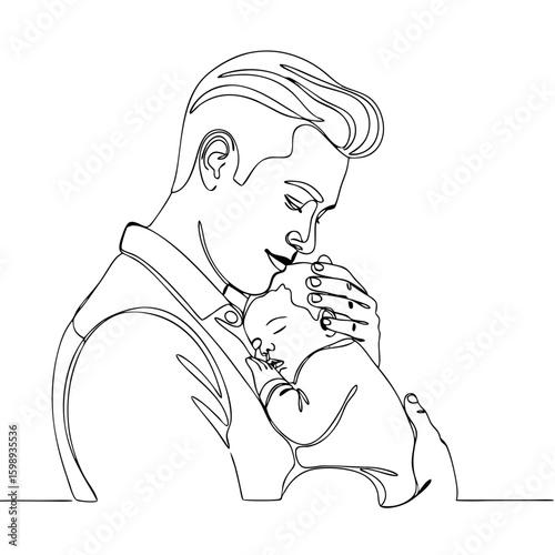 Black continuous line drawing of a man holding and caressing a sleeping baby. Single line art. Fatherhood concept. Vector illustration for greeting card, poster, banner