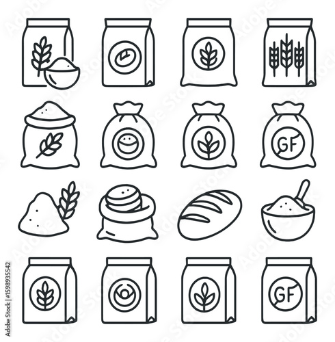 Food linear icon set. containing flour, grain, bread, gluten-free, bag, wheat, scoop, sack, powder