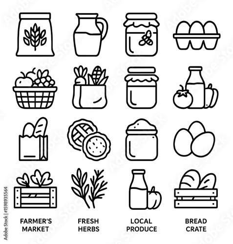 Farmer's market linear icon set: produce, jar, bread, basket, bottle, herbs, veggies, fresh, local, organic