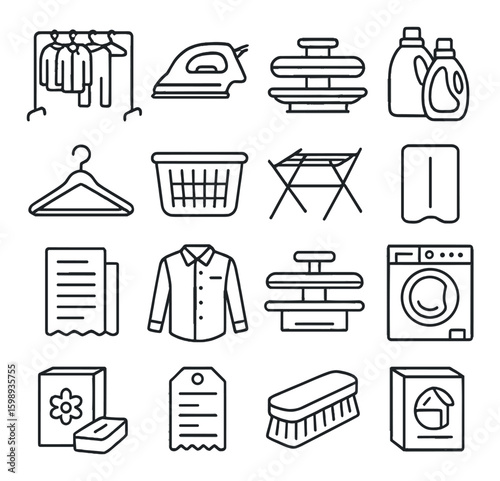 Laundry linear icon set. featuring washer, detergent, iron, hanger, clothesline, basket, more.