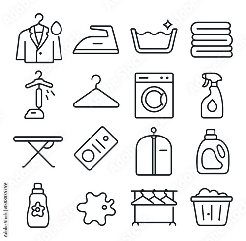 Laundry linear icons set. includes washing machine, detergent, iron, hanger, ironing board, clothes, and more.