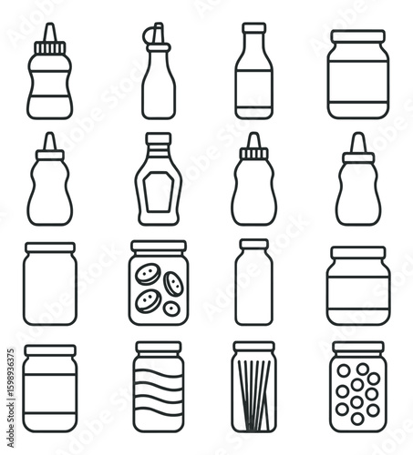 Kitchen silhouette icon set. featuring sauce bottle, jam jar, spice container, ketchup, honey, pickles