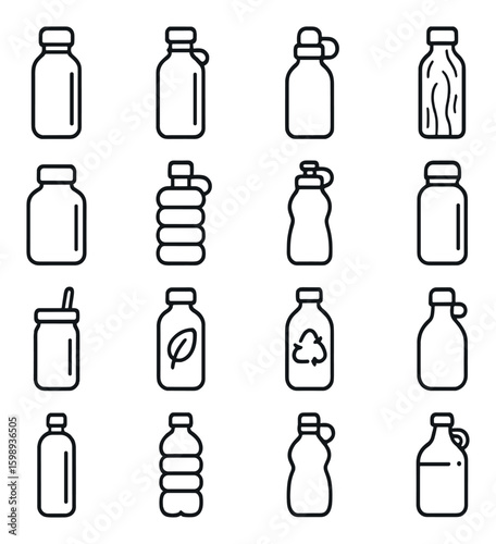 Bottle linear icon set. includes water, plastic, eco, recycled, reusable, sports, and various designs.