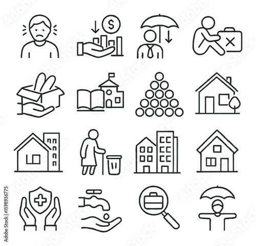 Social services linear icon set. containing donation, unemployment, education, housing, waste management, health, protection and more.
