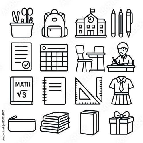 Linear school icon set: backpack, classroom, student, supplies, books, uniform, geometry, calendar, desk