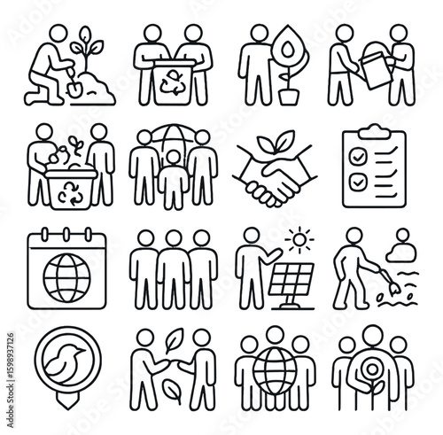 Environment linear icon set. featuring recycling, solar power, tree planting, sustainability, and global cooperation.