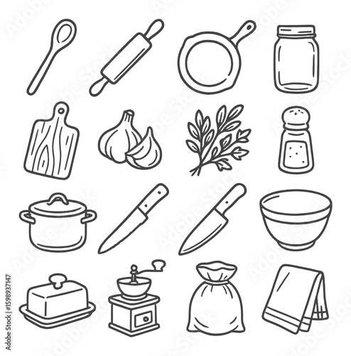 Cooking linear icon set. includes spoon, rolling pin, pan, jar, cutting board, garlic, herbs, salt, pot, knife, bowl.