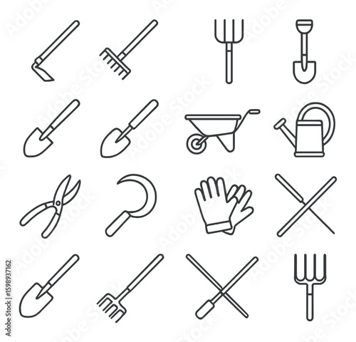 Gardening linear icon set. featuring hoe, rake, shovel, wheelbarrow, watering can, pruner, sickle, gloves, pitchfork.