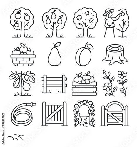 Gardening linear icon set. includes trees, vegetables, fruit, watering, fence, gate, hose, basket, stump.