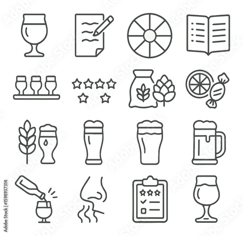 Beer linear icon set. containing tasting flight, pint glass, hops, review, nose, wheat, and more.