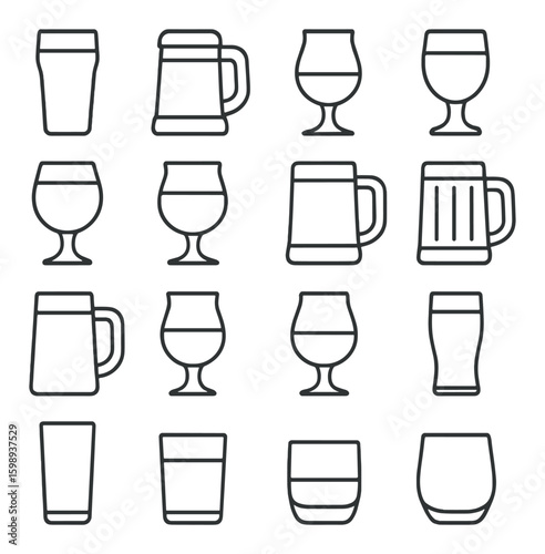 Beverage silhouette icon set. containing beer, wine, pint, mug, glass, drink, liquor, goblet, stein, tumbler.