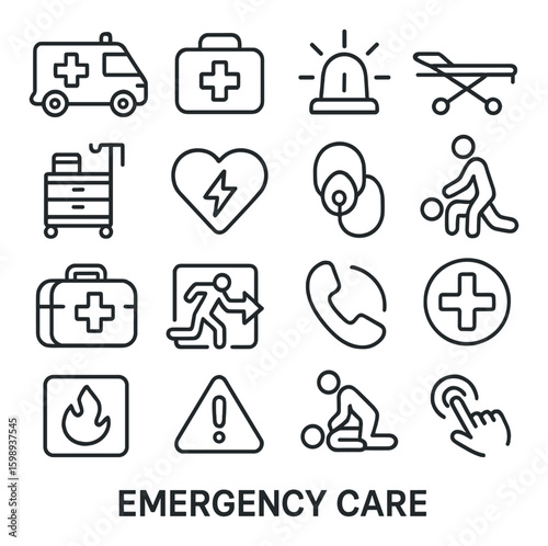 Emergency care linear icon set. containing ambulance, first aid kit, stretcher, cpr, emergency call, hazard, alert