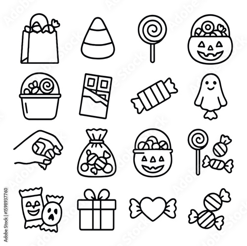 Halloween linear icon set: candy, pumpkin, ghost, lollipop, chocolate, gift, candy bag and more.