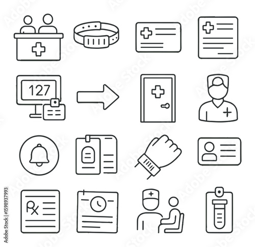 Healthcare linear icon set. containing nurse, patient, medical record, prescription, id card, blood test.