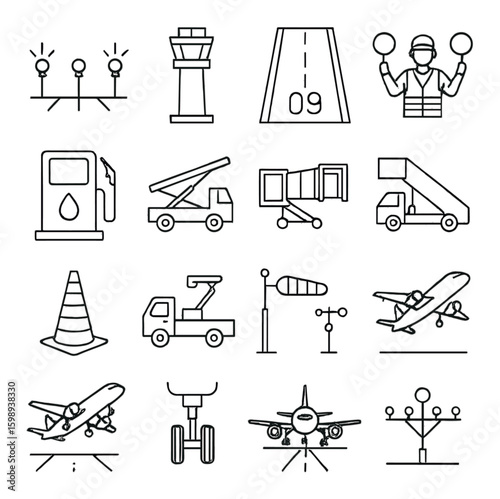 Aviation linear icon set: runway, control tower, fuel, airplane, jetway, traffic cone, windsock, stairway
