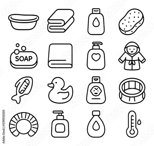 Bath linear icons set. containing towel, soap, shampoo, sponge, bathrobe, thermometer, duck, and more.
