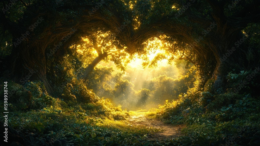 Obraz premium Heart Shaped Forest Path: A Magical Sunrise