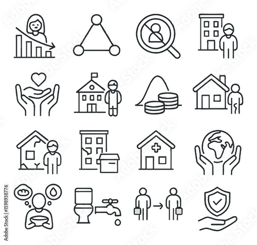 Charity linear icon set. containing donation, volunteer, community, support, shelter, education, healthcare, environment.