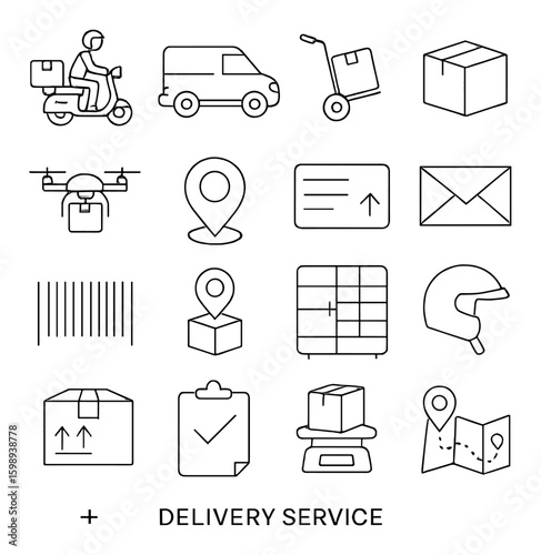 Delivery silhouette icon set. featuring scooter, van, box, drone, location, map, barcode, locker, helmet.