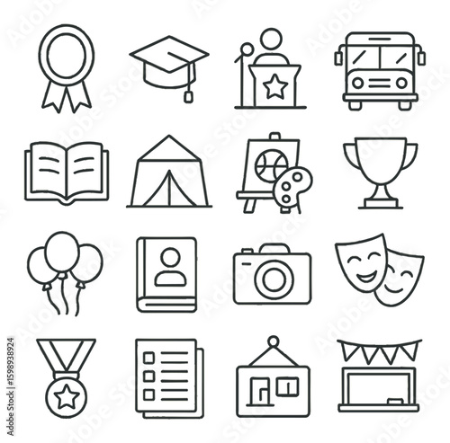 Education linear icon set. containing award, graduation, speech, bus, book, camp, art, trophy, balloons, camera