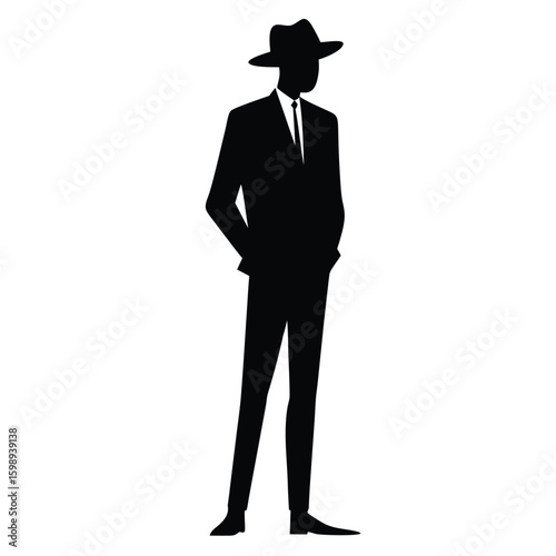 Silhouette of Man Wearing Suit and Hat Standing with Hands in Pockets