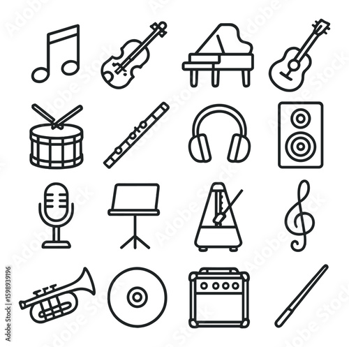 Music linear icon set: note, violin, piano, guitar, drum, flute, headphones, speaker, microphone, stand