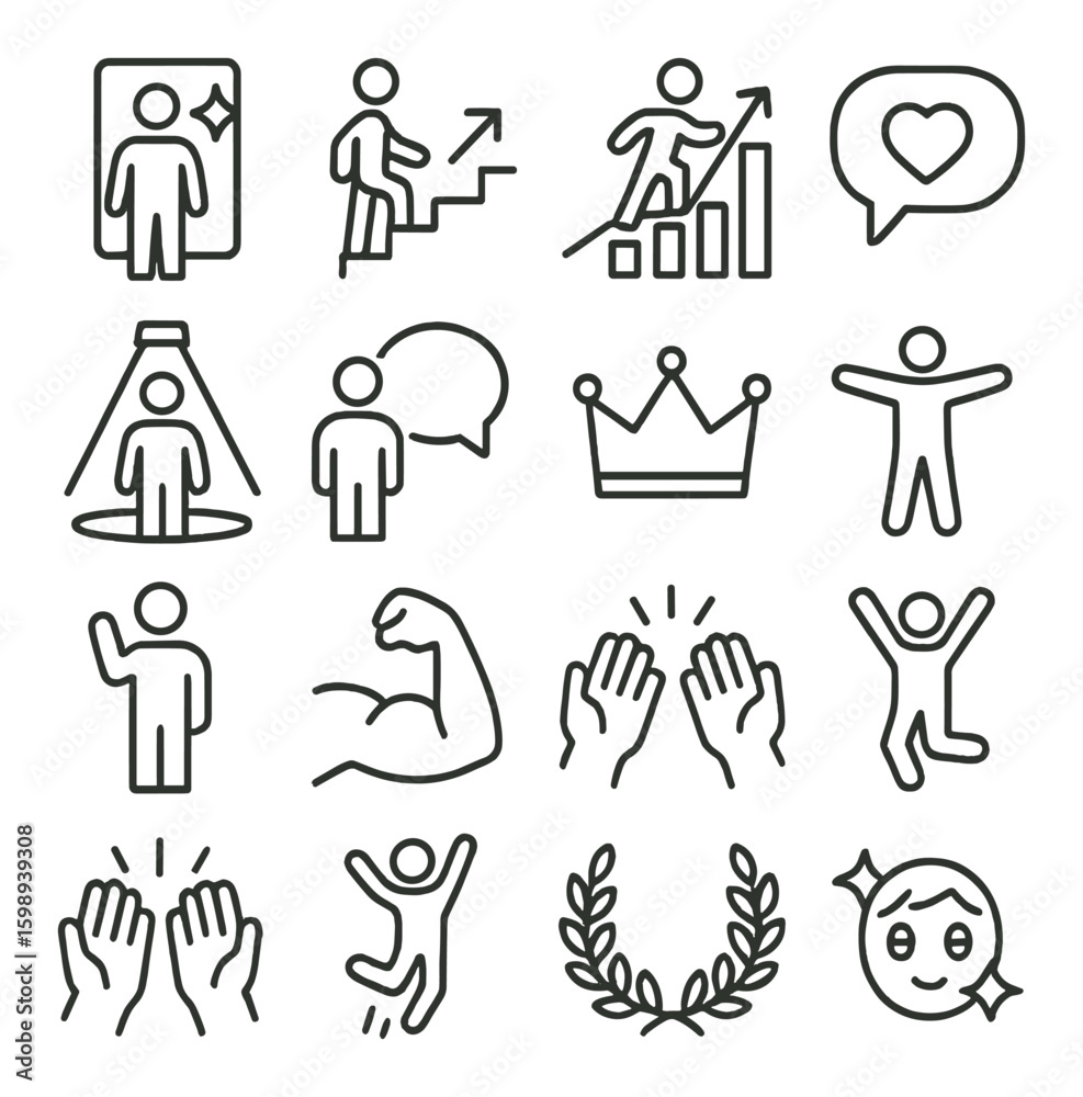 Success linear icon set: growth, achievement, leadership, motivation, teamwork, communication, recognition Success linear icon set: growth, achievement, leadership, motivation, teamwork, communication, recognition