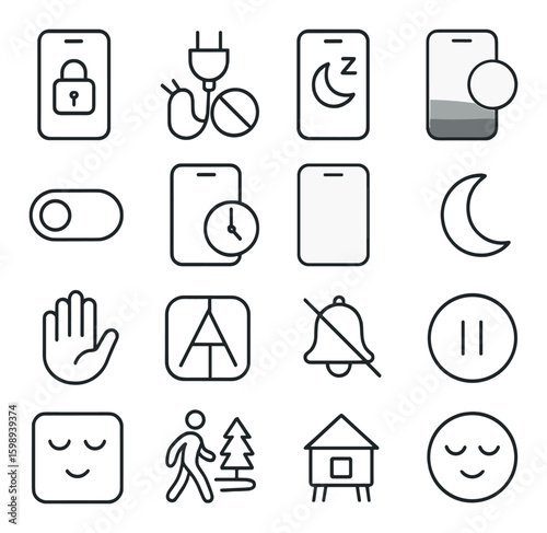 Linear sleep and relaxation icons set: moon, clock, do not disturb, meditation, silence