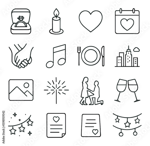 Romantic linear icon set. including ring, candle, heart, calendar, hands, music note, dinner, skyline, photo, sparkler.
