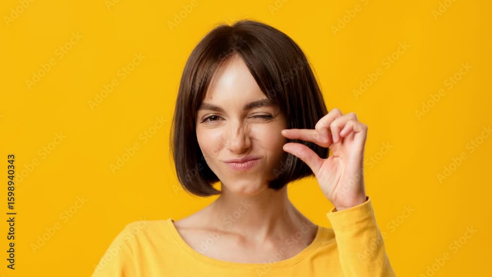 A young brunette woman stands in front of a vibrant yellow background, playfully indicating a tiny size with her fingers, expressing a cheerful and light-hearted mood. A young brunette woman stands in front of a vibrant yellow background, playfully indicating a tiny size with her fingers, expressing a cheerful and light-hearted mood.