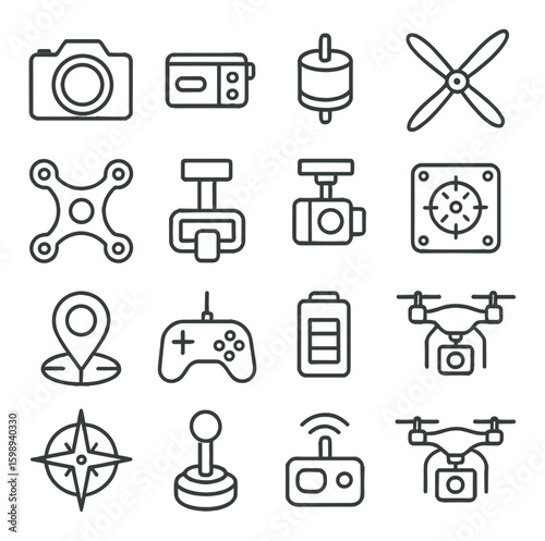 Technology linear icon set. containing camera, drone, controller, battery, gps, gamepad, compass, and more.