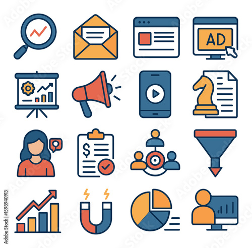 Marketing linear icon set: magnifying glass, email, website, ads, presentation, megaphone, mobile, chess, document